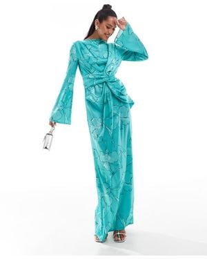 ASOS Twist Front Fluted Sleeve Maxi Dress - Blue