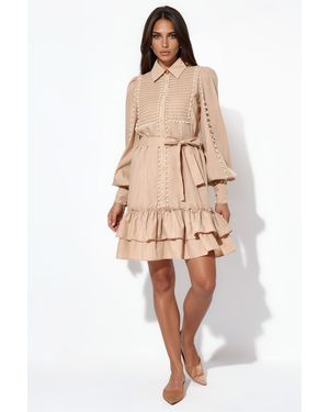 Msn-Collection Belted V-Neck Mini Dress - Natural