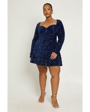 Boohoo Plus Sweetheart Neck Long Sleeve Skater Dress - Blue