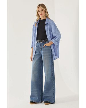 Hiccup Wide Leg Washed Effect Jeans - Blue