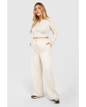 Boohoo Plus Double Zip Long Sleeve Rib Top And Straight Leg Jogger Set - Natural