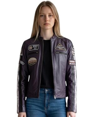 Infinity Leather Biker Racing Badges Paarse Leren Jas-Incheon - Zwart