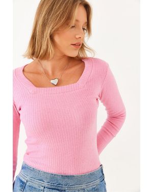 Bianco Lucci Fitted Long Sleeve Textured Crop T-Shirt With U Collar - Pink