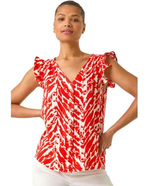Roman Printed Frill Sleeve Button Blouse - Red