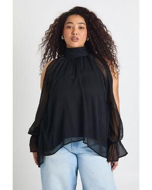 Boohoo Plus Chiffon Halterneck Long Sleeve Draped Blouse - Black