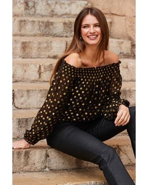 Sosandar Metallic Spot Bardot Top - Black