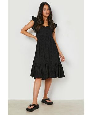 Boohoo Petite Broderie Puff Sleeve Bardot Midi Dress - Black