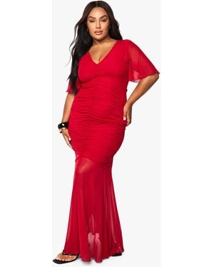 Boohoo Plus Mesh Ruched Angel Sleeve Maxi Dress - Red