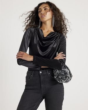 River Island Bodysuit Velvet Long Sleeve Cowl Neck - Black