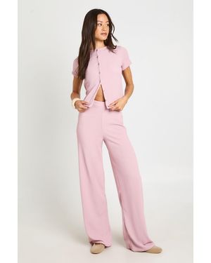 Boohoo Tall Crinkle Rib Button Through Cap Sleeve Top And Trouser Set - Pink