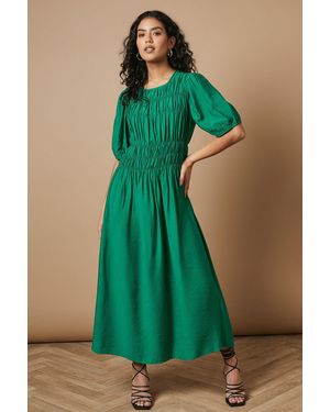 Oasis Petite Shirred Bodice Puff Sleeve Midi Dress - Green