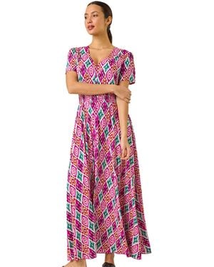 Roman Ikat Print Button Through Maxi Dress - Purple