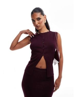 Kaiia Exclusive Cotton Blend Fine Knit Button Through Longline Waistcoat Co-Ord - Red
