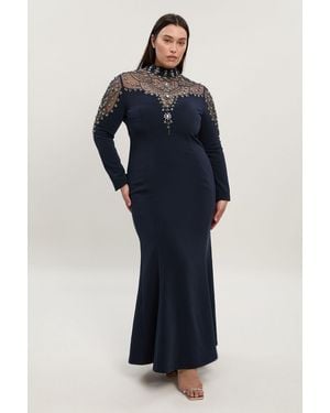 Karen Millen Plus Size Premium Crystal Embellished Woven Maxi Dress - Blue
