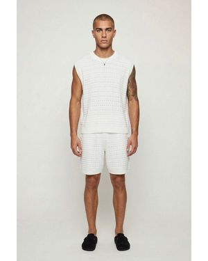 BoohooMAN Oversized Open Stitch Cotton Blend Knitted Tank Short Set - White