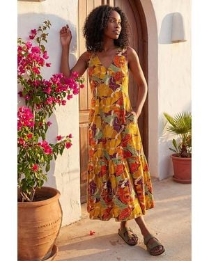 Roman Leaf Print Tiered Midi Dress - Orange