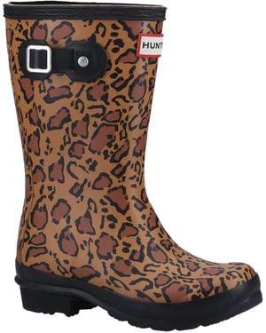 HUNTER Original Korte Leopard Print Rubber Dames Rijk Tan/zadel/zwart Wellingtonlaarzen - Bruin