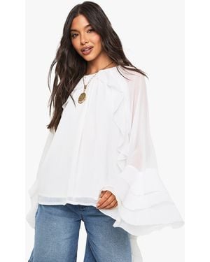 Boohoo Chiffon Ruffle Button Back Blouse - White