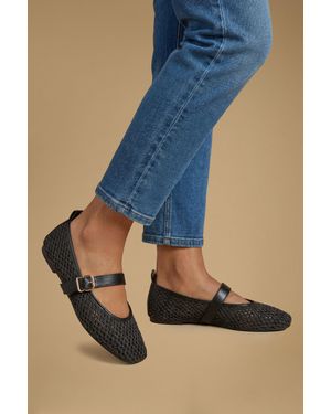 Oasis Sally Woven Buckle Mary Jan Flat Ballet Court Shoes - Blue