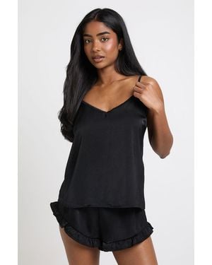 Boohoo Satin Cami & Frill Detail Short Pyjama Set - Black