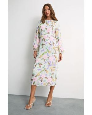 Warehouse Embellished Long Sleeve Midi Dress - White
