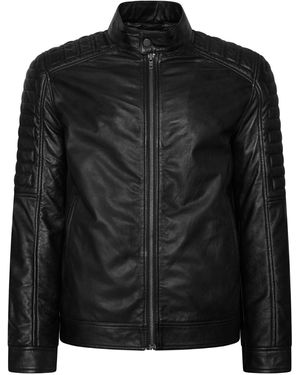 Barneys Originals Real Leather Quilted Sleeve Biker Jacket - Black
