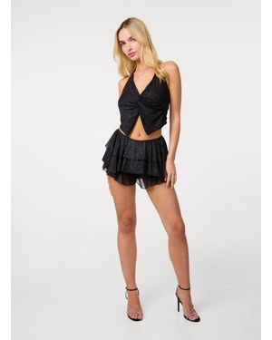 Pink Vanilla Glitter Mesh Twist Front Halter Top - Black