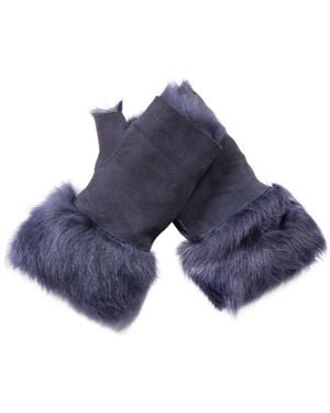 Infinity Leather Shearling Mittens Fingerless Cuffs Toscana Suede Sheepskin Fur - Blue