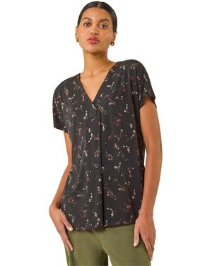 Roman Floral Print V-Neck Top - Black