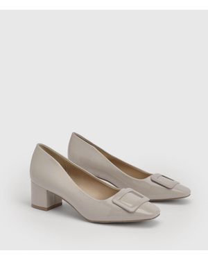 Wallis Danny Faux Patent Leather Square Toe Covered Buckle Medium Block Heel Court Shoes - White