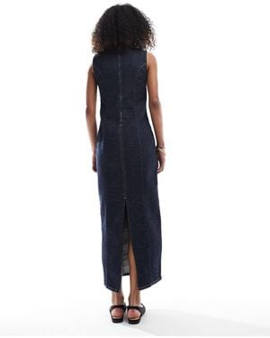 ASOS Cinched Waist Denim Maxi Dress With Front Slit - Blue