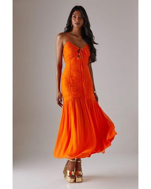 Warehouse Chiffon Gathered Channel Strappy Midi Dress - Orange