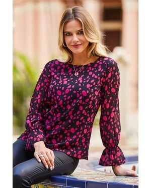 Sosandar Fleck Print Fluted Cuff Top - Purple