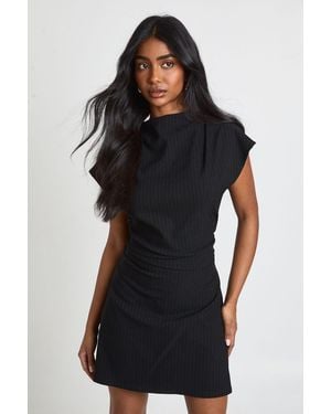 Boohoo Pinstripe Ruched High Neck Cap Sleeve Shift Dress - Black