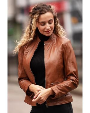 Ashwood Leather 'Chiara' Mandarin Collar Real Biker Jacket - Brown