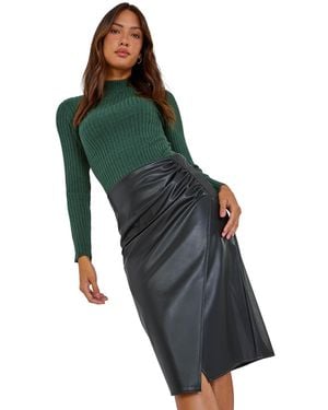 Roman Faux Leather Ruched Wrap Skirt - Green