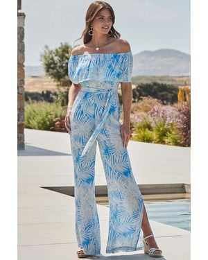 Sosandar Sky Palm Print Bardot Jumpsuit - Blue