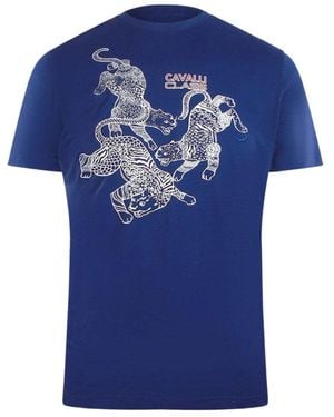 Roberto Cavalli Paisley Leopards Logo T-Shirt Cotton - Blue