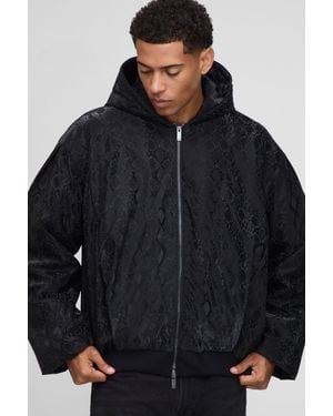 BoohooMAN Oversized Pu Snake Printed Hooded Bomber Jacket - Blue