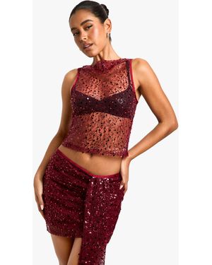 Boohoo Sequin Sheer Racer Vest - Red