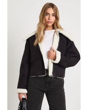 Boohoo Teddy Trim Faux Suede Aviator - Black