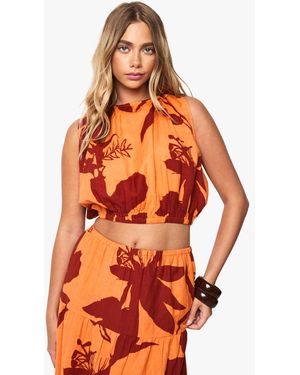 Boohoo Abstract Floral Puffball Linen Top - Orange