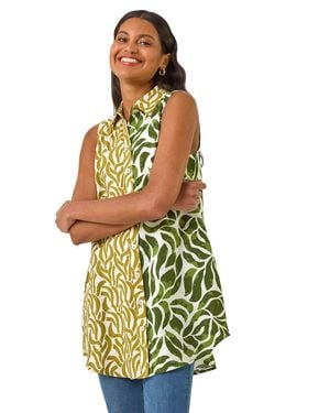 Roman Leaf Print Button Longline Shirt - Yellow