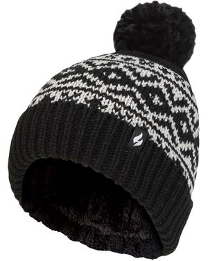Heat Holders Ladies Patterned Turnover Bobble Hat - Black