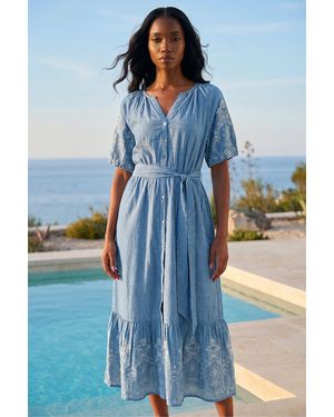 Roman Petite Cotton Embroidered Midi Dress - Blue