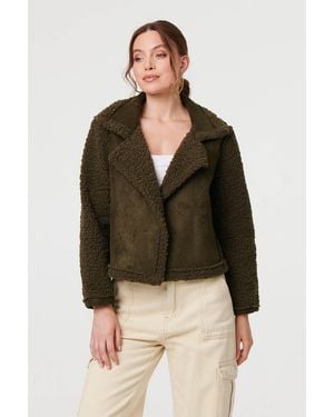Izabel London Faux Suede Teddy Lined Biker Jacket - Green