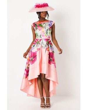 Coast Lisa Tan Printed Satin Twill High Low Dress - Red