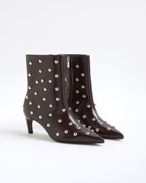 River Island Boots Studded Kitten Heel Pointed Toe Pu - Black