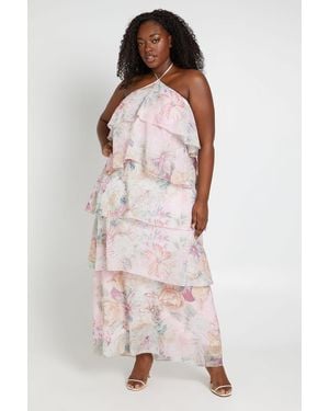 Boohoo Plus Floral Halterneck Layered Maxi Dress - Pink