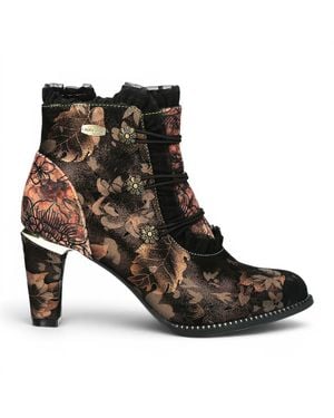 Laura Vita Floral Victorian Leather Heel Ankle Boots - Black